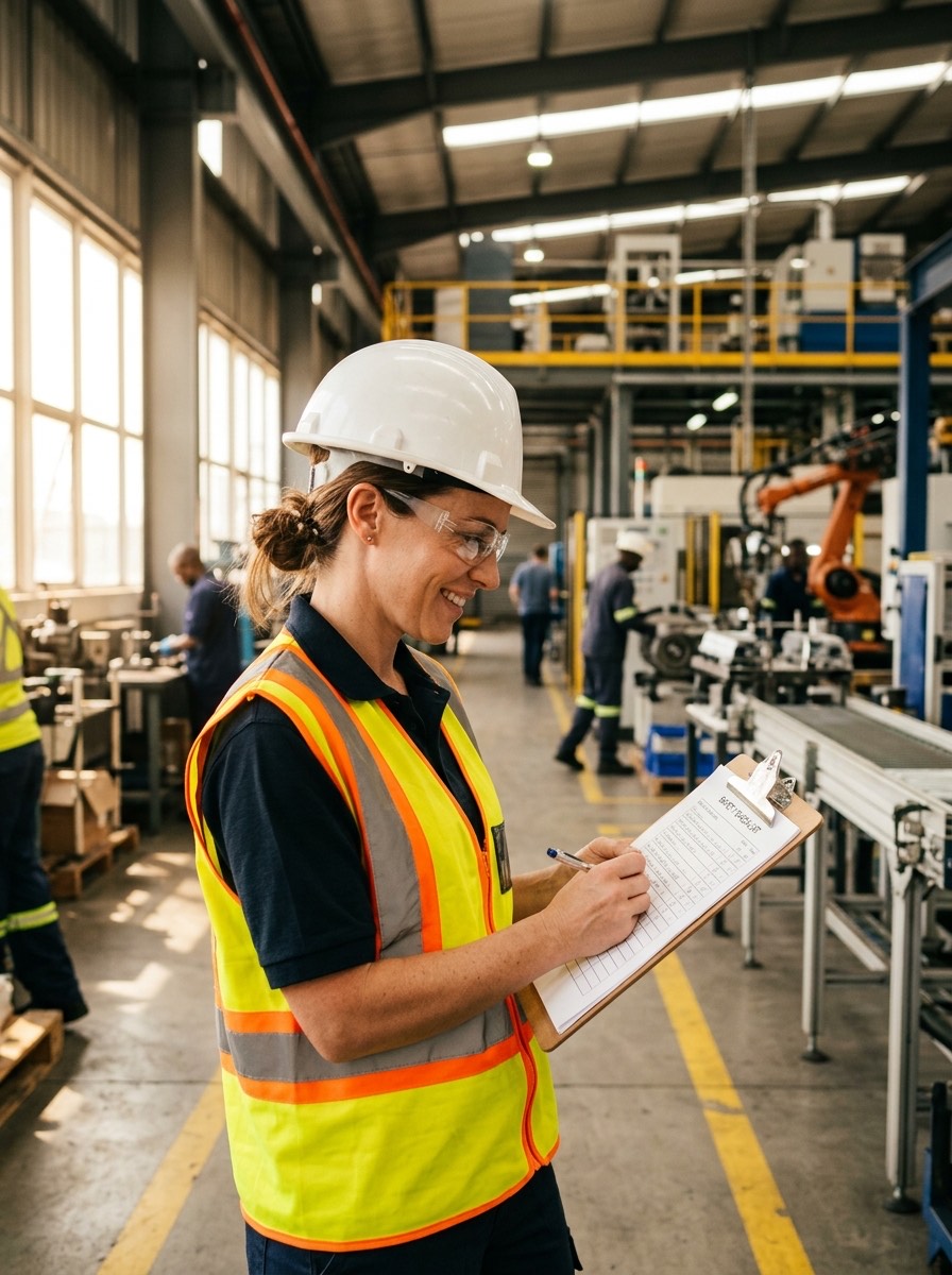 A safety professional completing a checklist on a manufacturing plant floor