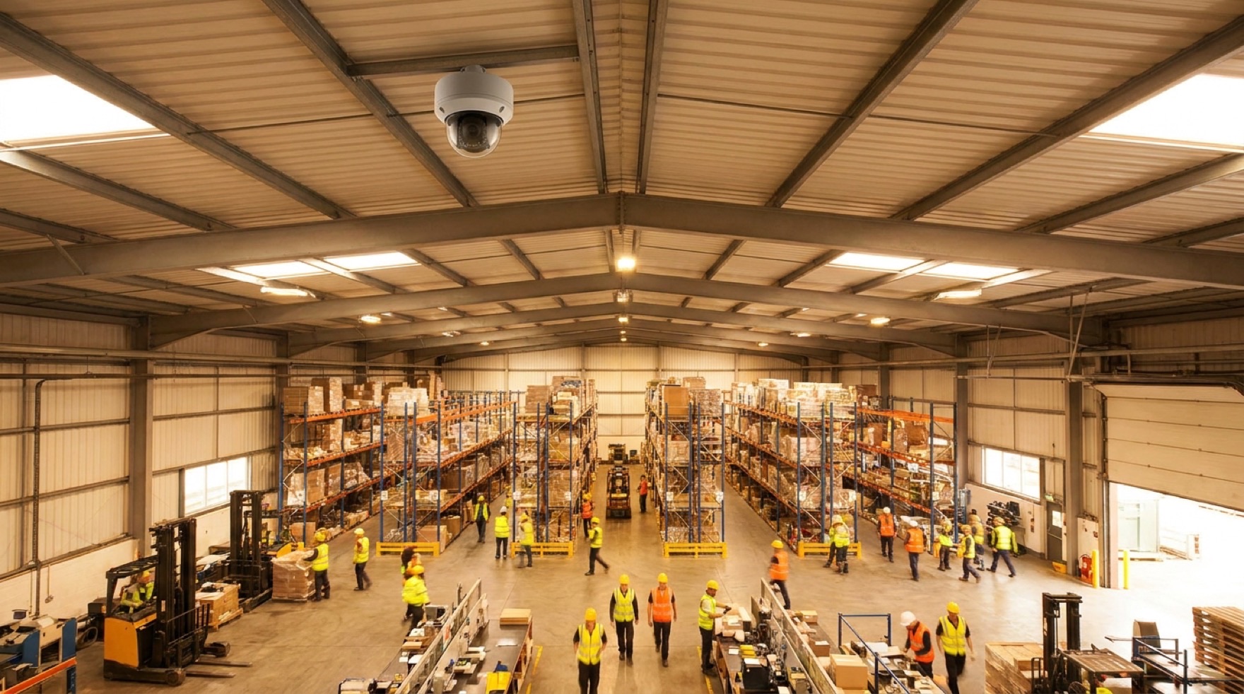 An AI computer-vision camera overlooking a warehouse aisle where a forklift and a pedestrian share the floor