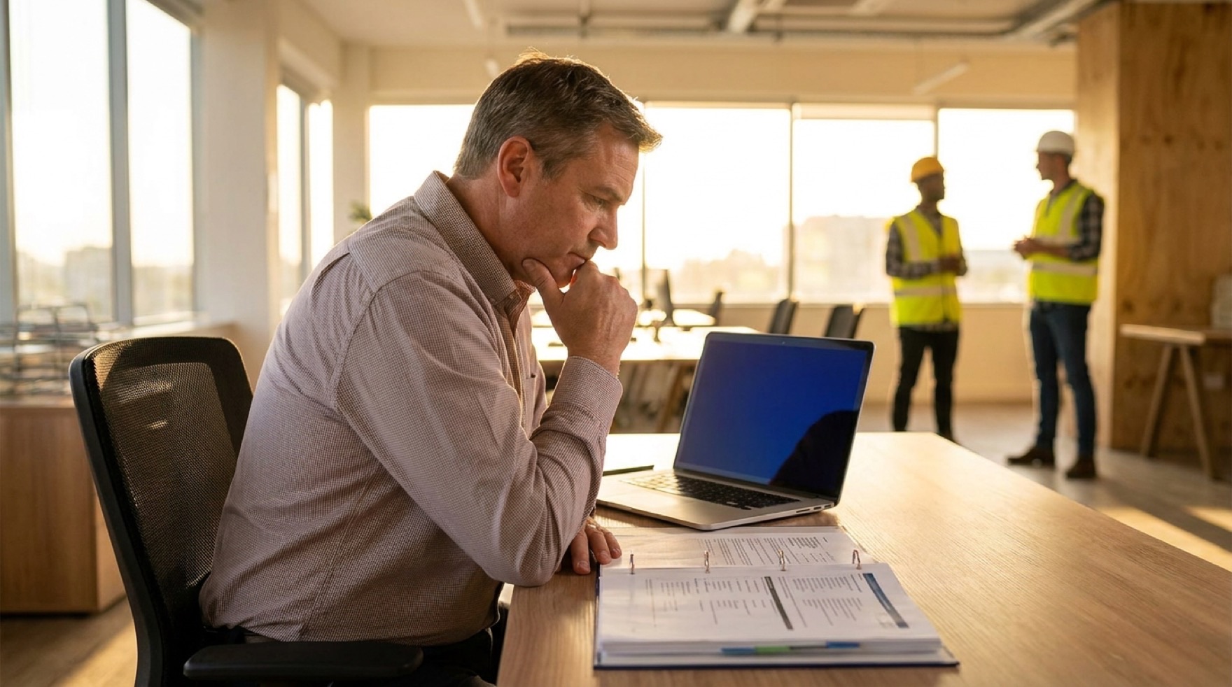 A safety manager reviewing an AI-drafted job hazard analysis on a laptop next to a printed copy marked up in pen on a shop floor