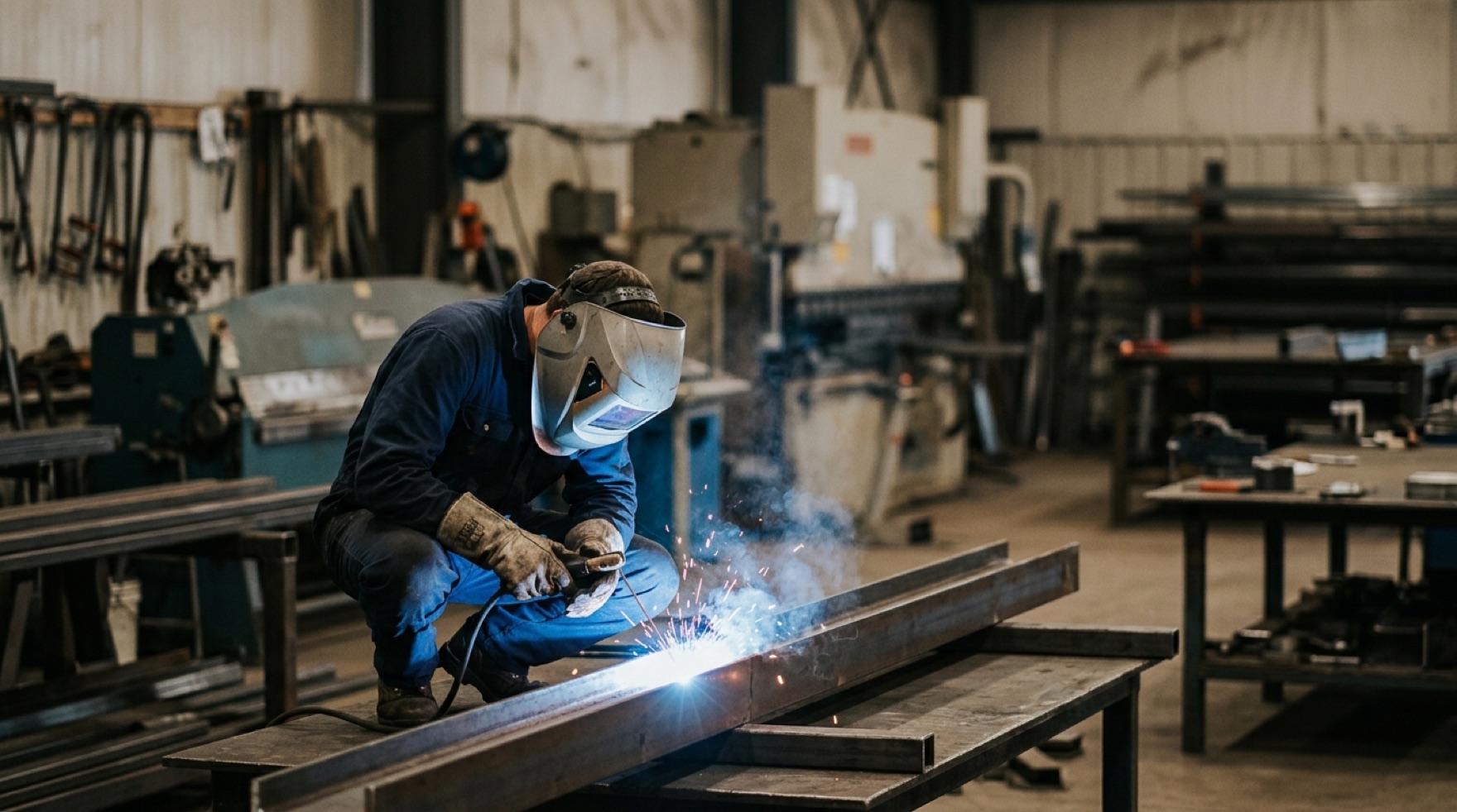 Welder wearing an auto-darkening welding helmet with the arc reflected in the filter lens