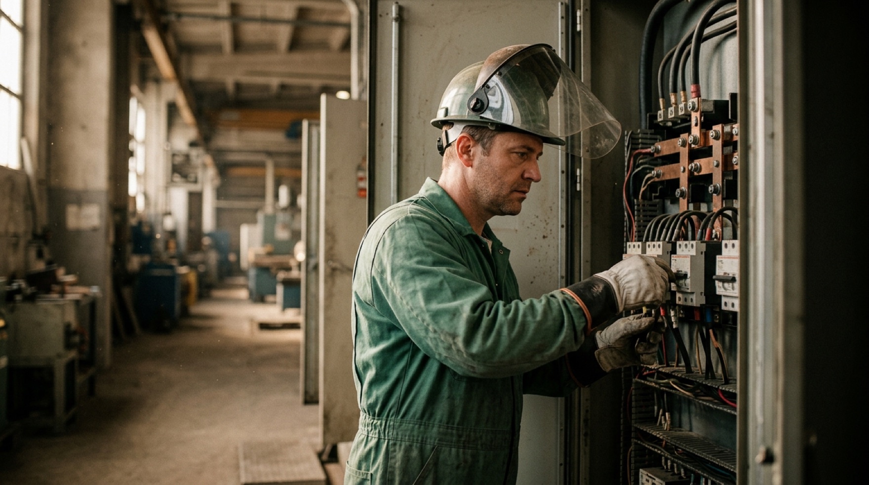 Electrician in an arc-rated flash suit and hood standing beside a labeled arc-flash hazard boundary