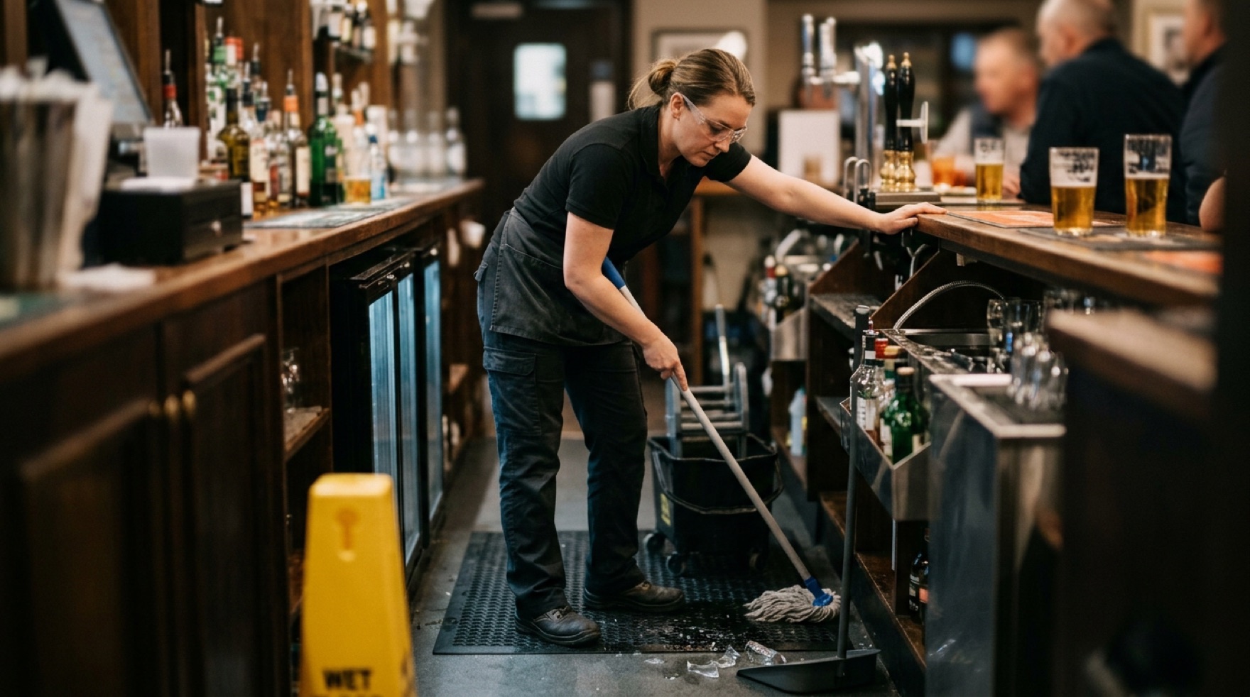 Bartender standing on a drainage mat behind a wet bar with a speed rail and glassware
