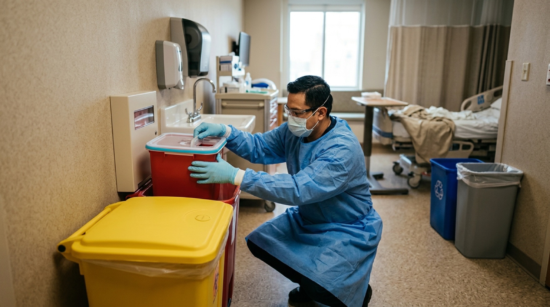 Custodial worker in gloves using tongs to place a discarded needle into a puncture-resistant sharps container