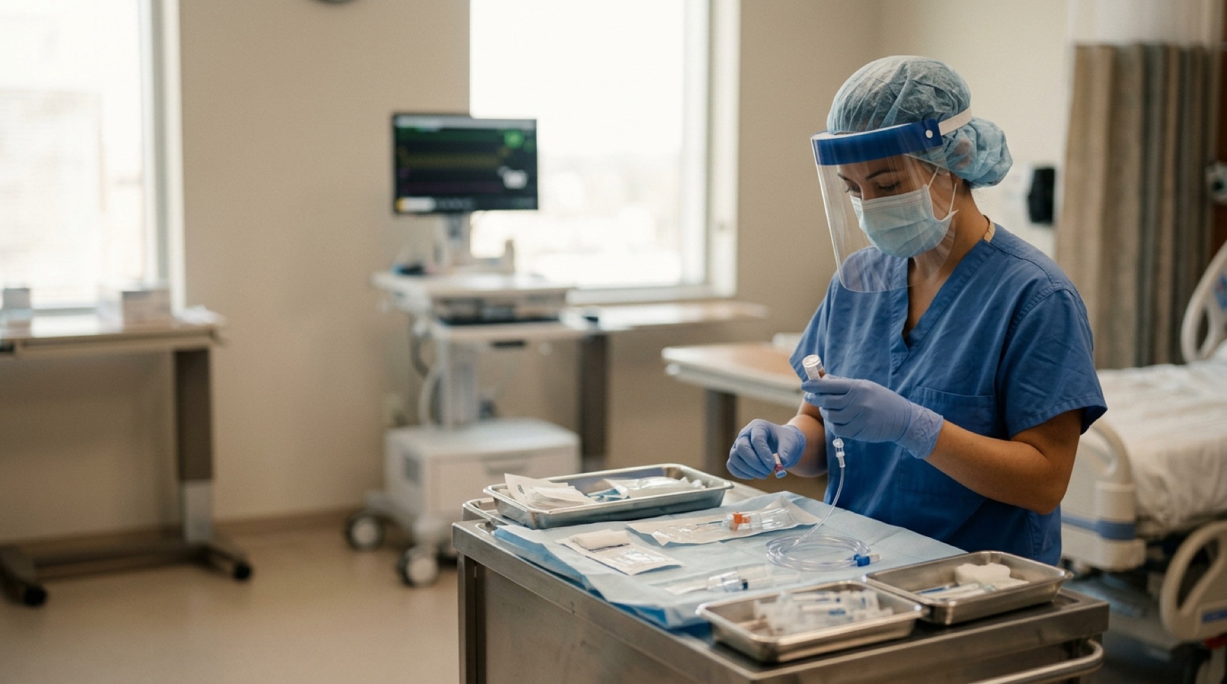 Nurse discarding a safety-engineered needle into a wall-mounted puncture-resistant sharps container