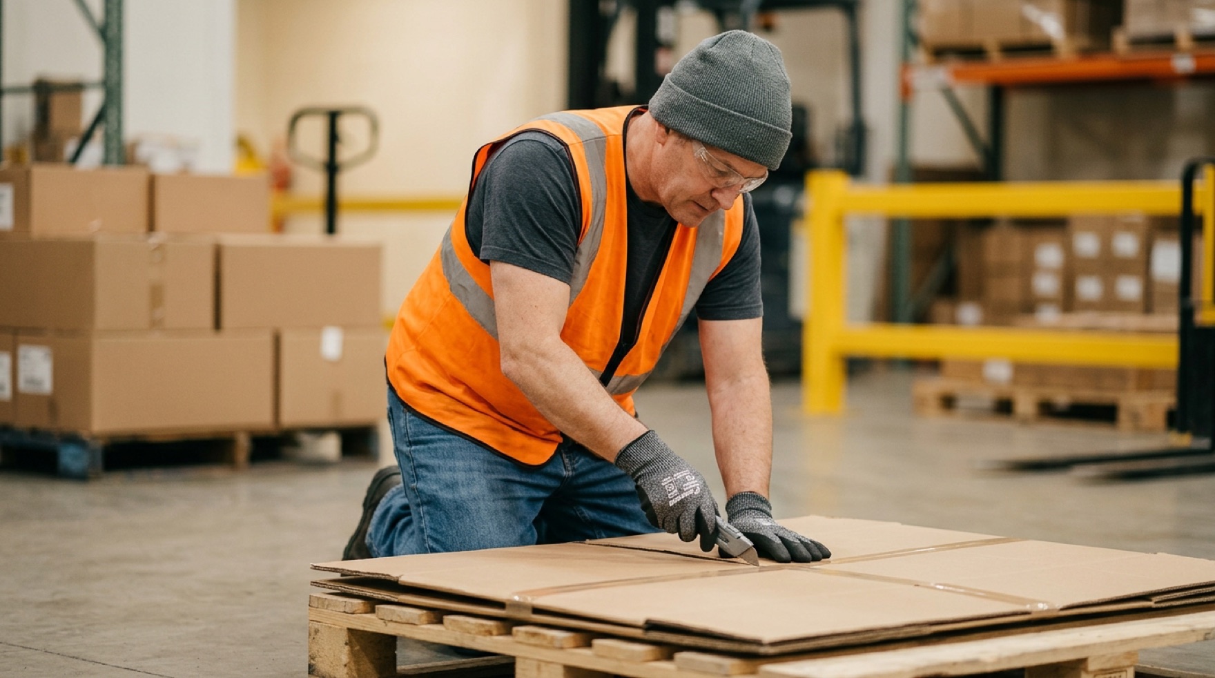 Retail stocker in cut-resistant gloves opening a cardboard carton with a self-retracting safety knife
