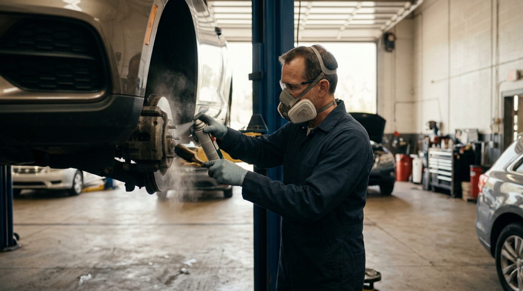 Technician using a low-pressure wet cleaning system on a brake assembly instead of compressed air