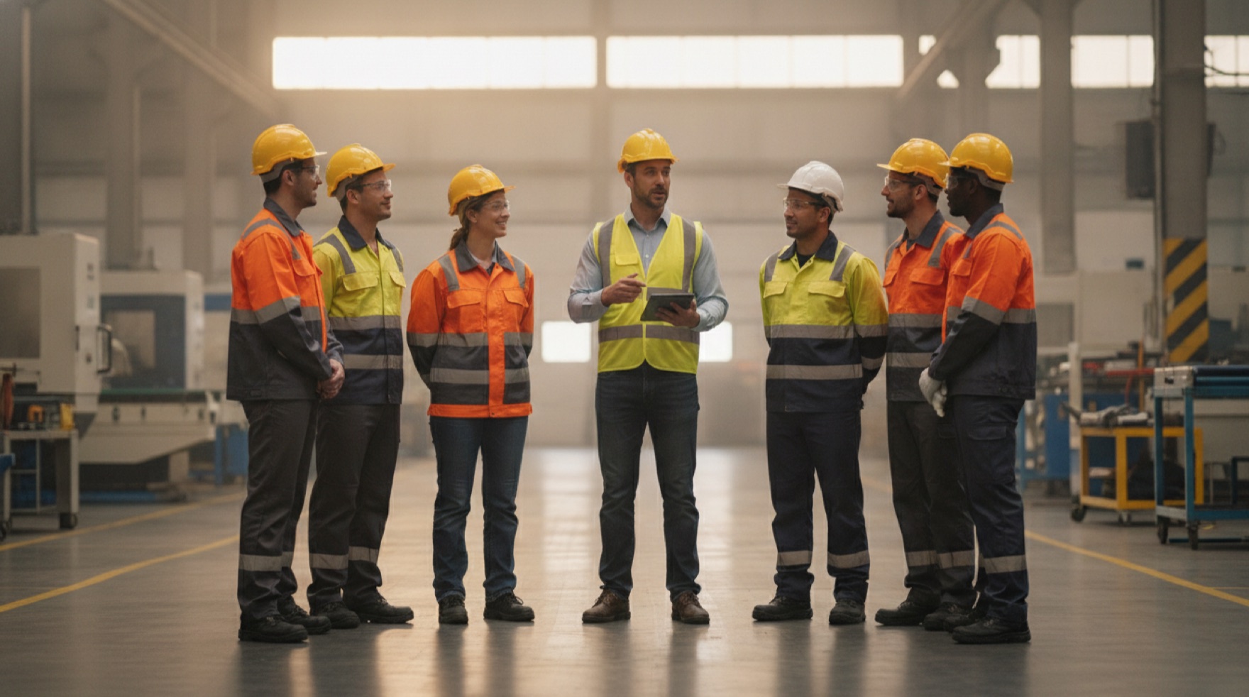 A supervisor and two floor workers talking through a task at a workstation, one pointing at a piece of equipment