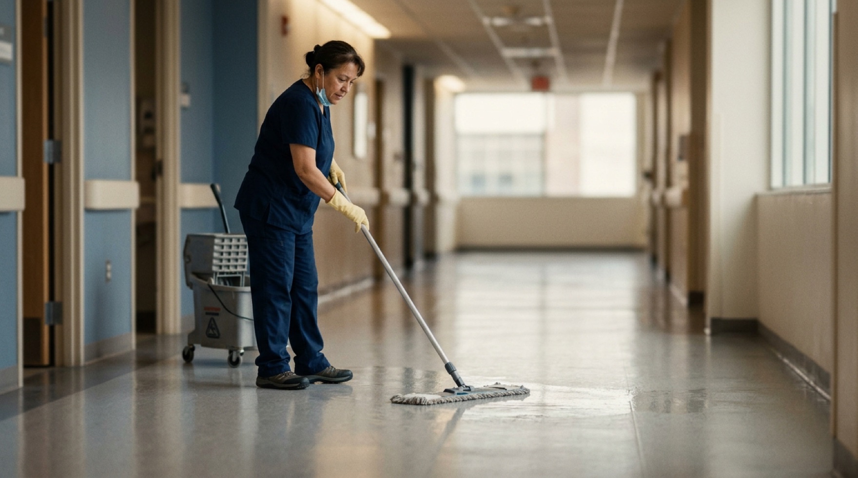 Wet-floor sign beside a freshly mopped hospital corridor with seamless vinyl flooring and coved edges