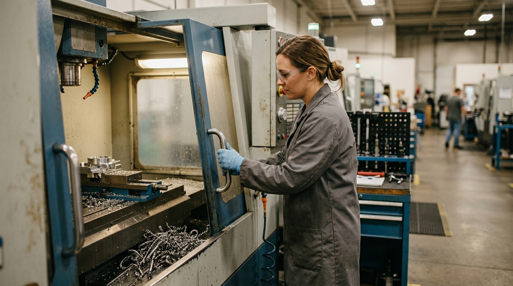 Interlocked enclosure door on a CNC turning center with metal swarf collecting on the chip conveyor below