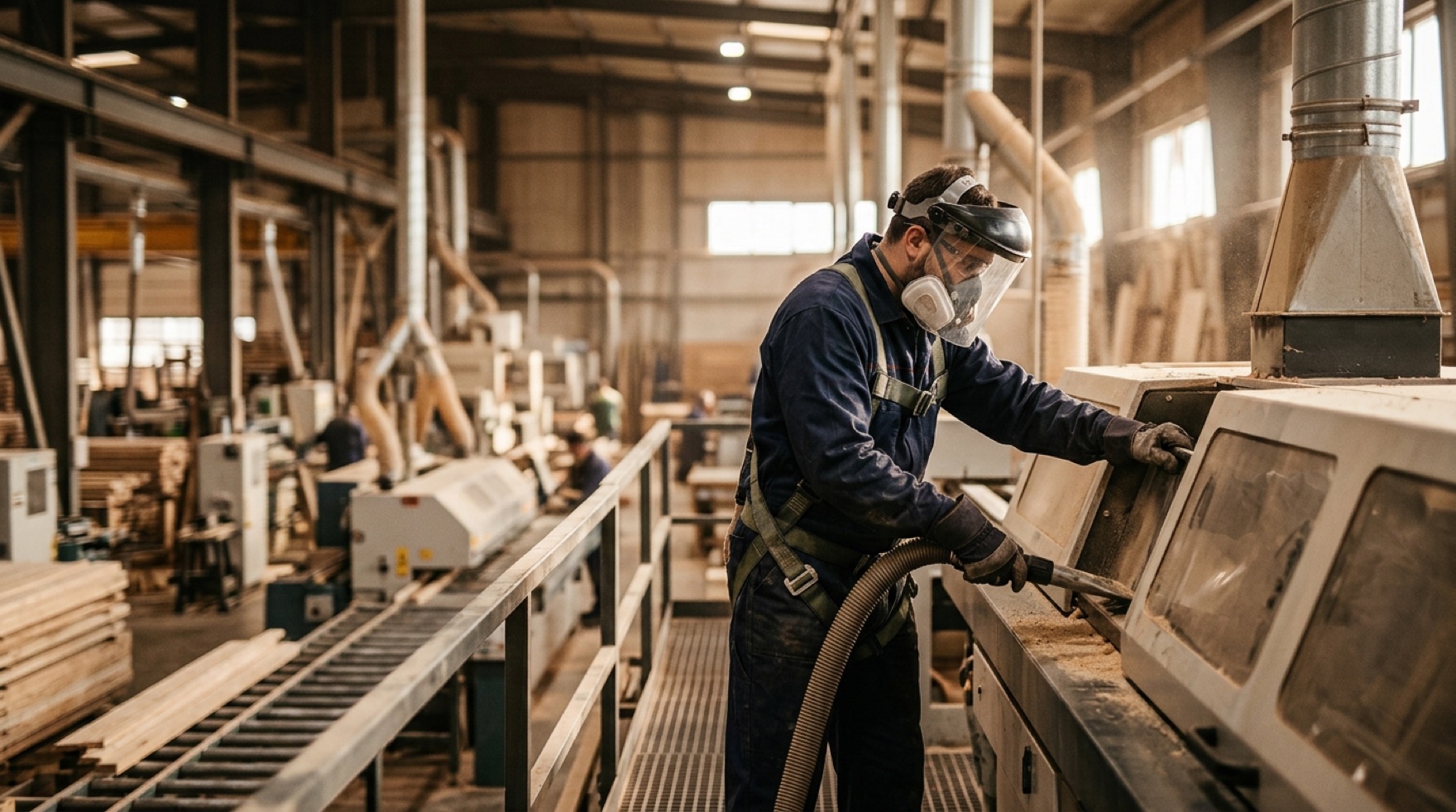 Fine wood dust accumulated on overhead ductwork and beams above woodworking machinery in a millwork shop
