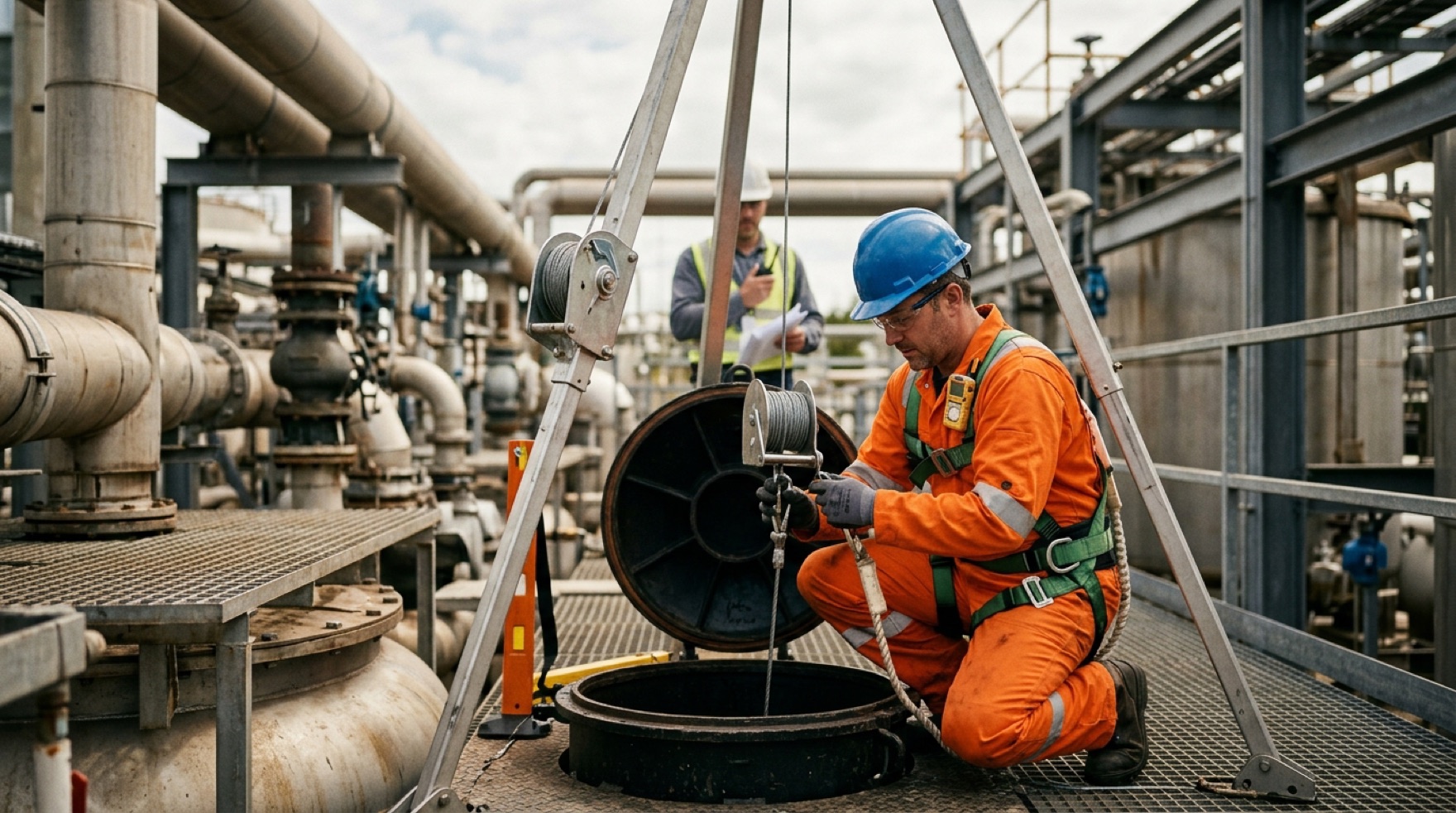 Attendant monitoring an entry permit and gas meter at an open manhole while an entrant works below