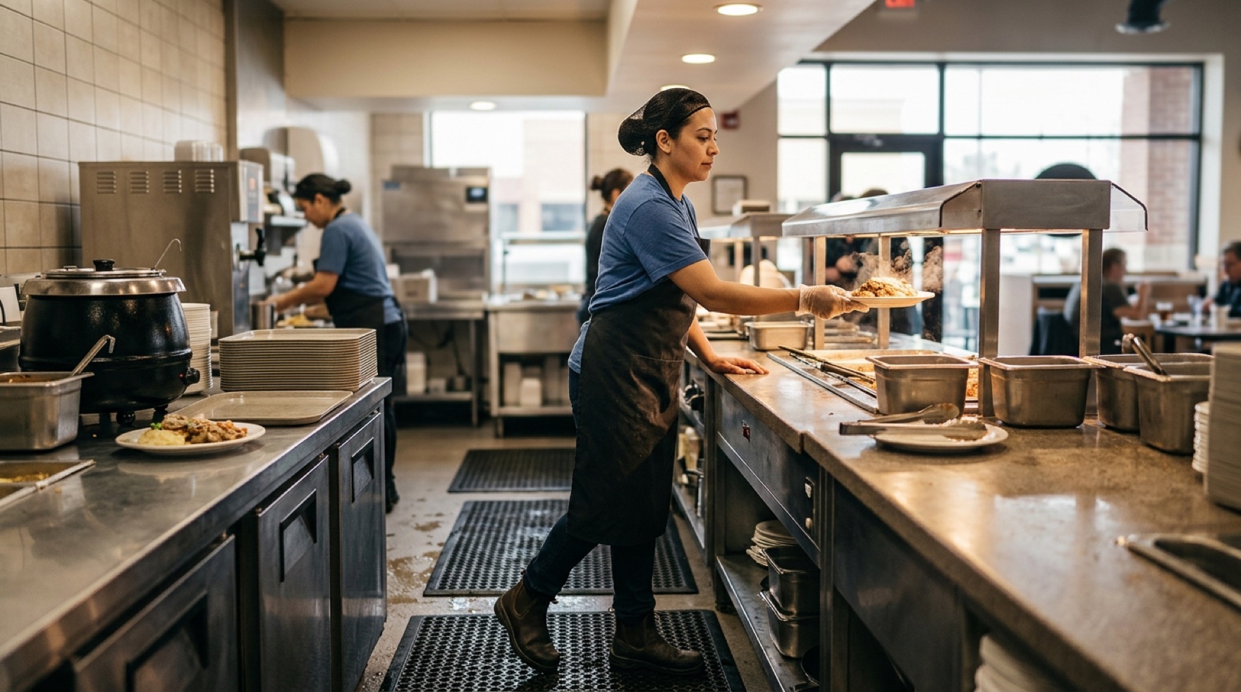 Quick-service worker at a front counter beside an espresso machine and an ice bin on a wet-prone tiled floor