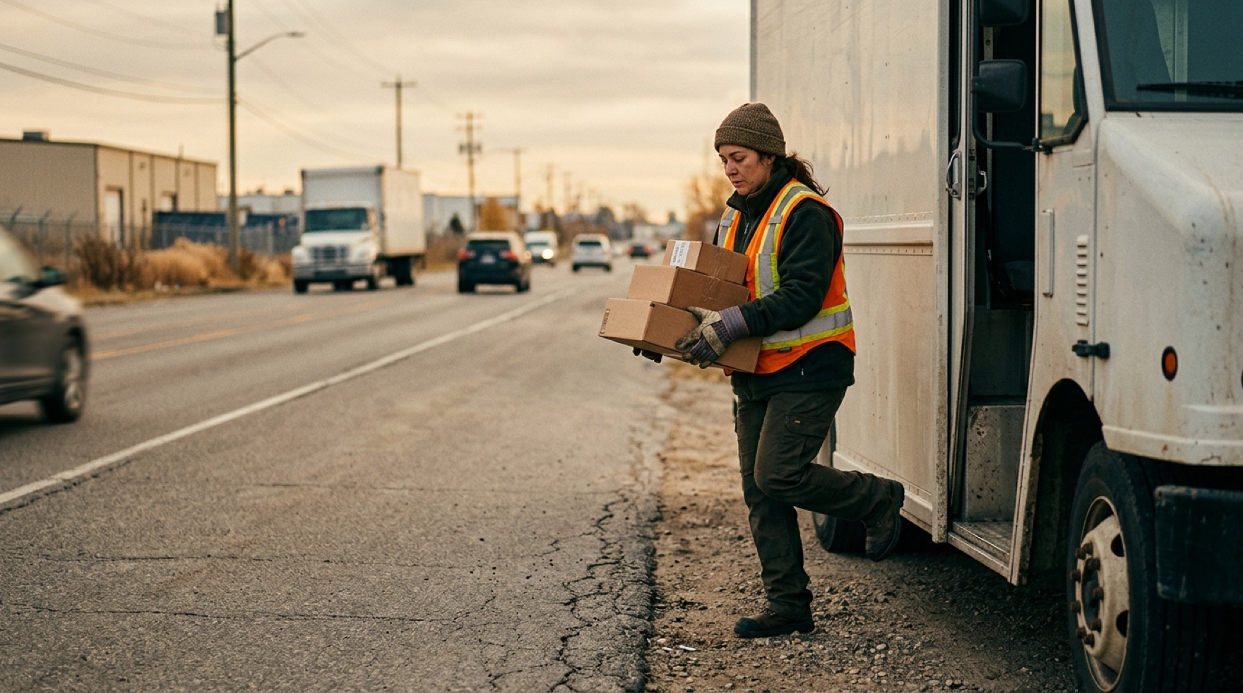 Delivery driver in high-visibility apparel unloading at the curb side of a parked box truck with hazard flashers on