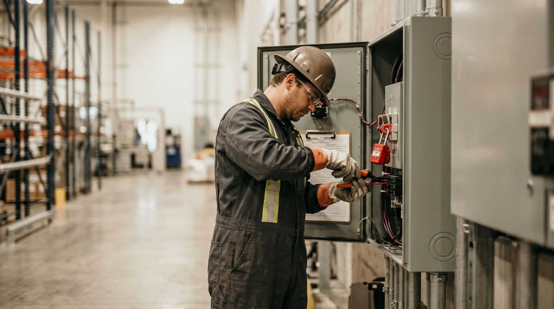Electrician applying a lock and tag to an electrical disconnect and testing for absence of voltage
