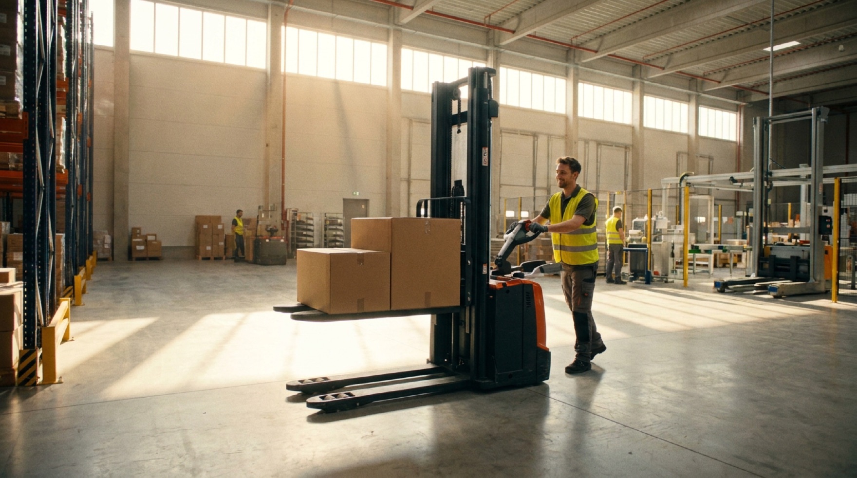 A warehouse worker using an electric pallet jack and a tilt table to move a heavy part onto a conveyor without bending or hand-lifting