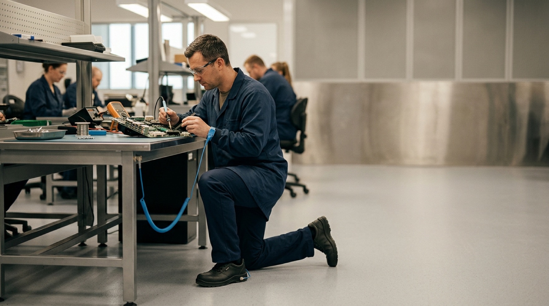 Operator in ESD footwear standing on a static-dissipative floor beside a grounded workstation with a wrist strap