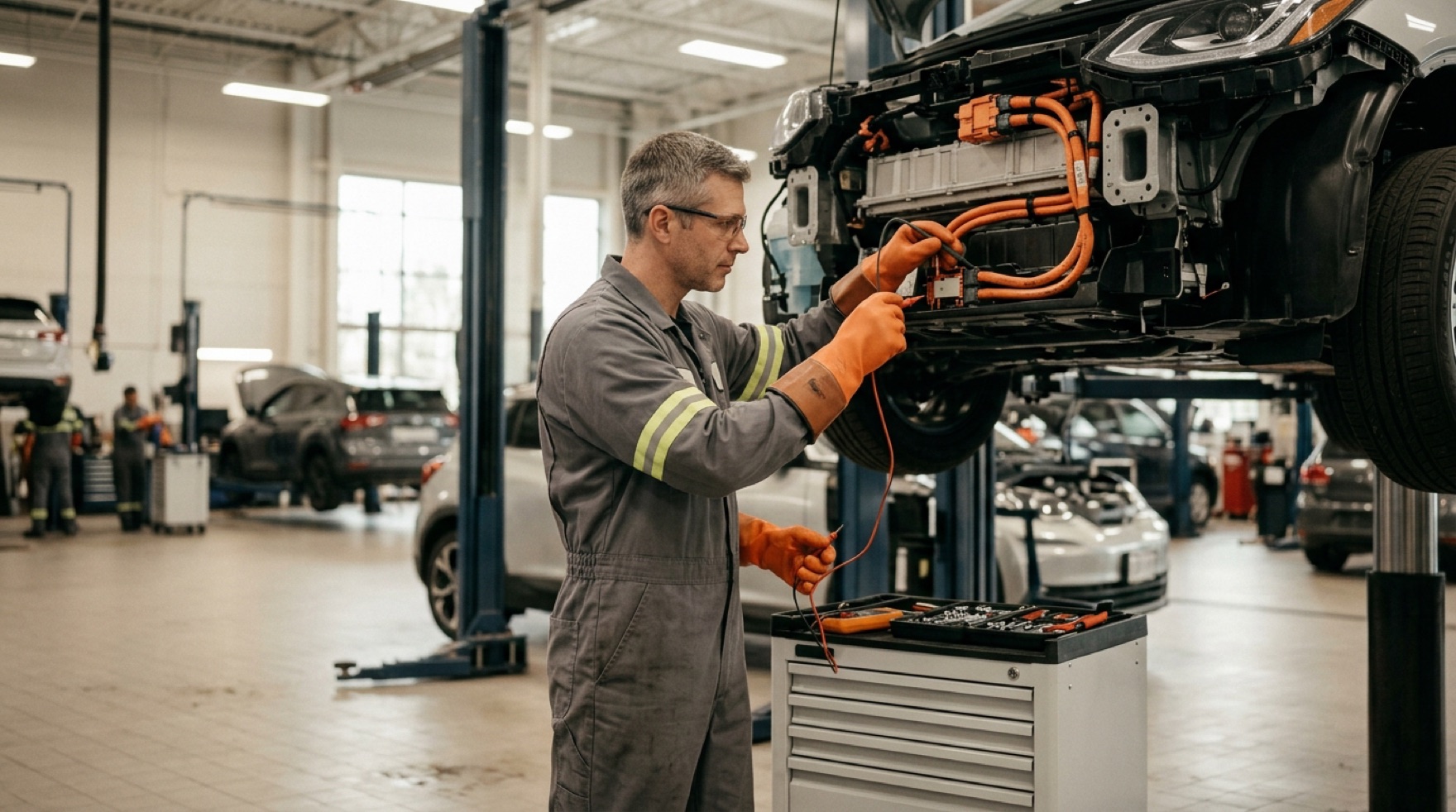 Technician in insulating gloves verifying an electric vehicle's high-voltage system is de-energized with a meter