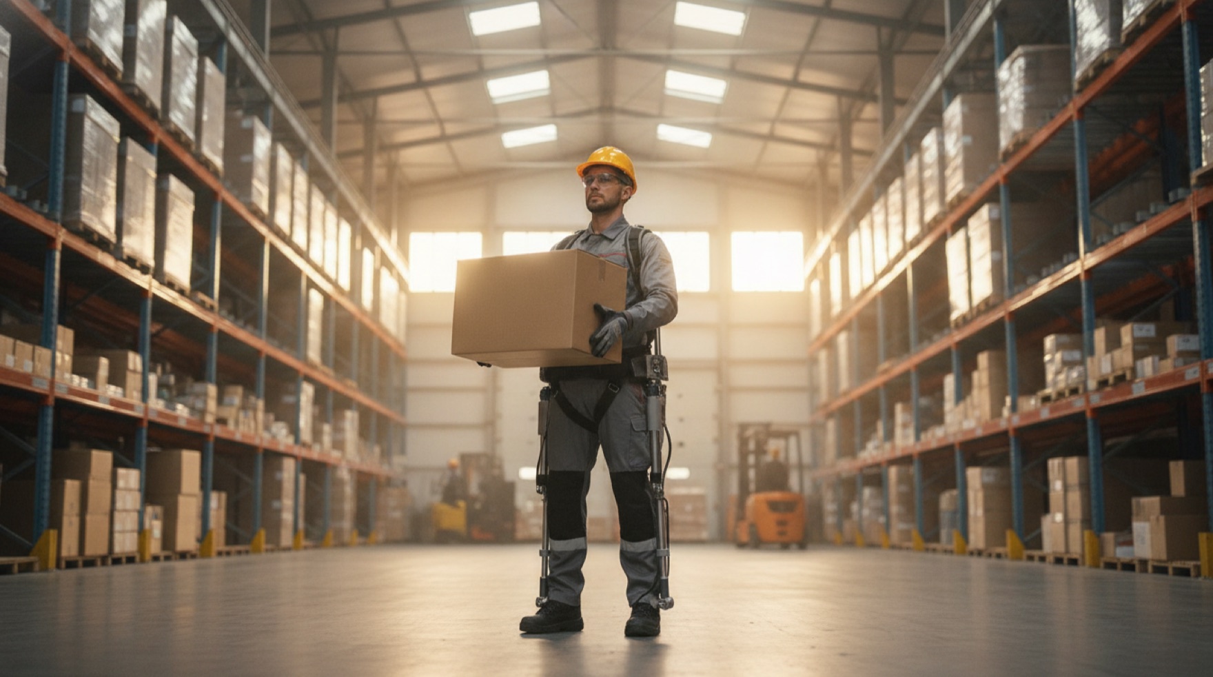 A warehouse worker wearing a passive back-support exoskeleton harness while lifting a box from a pallet