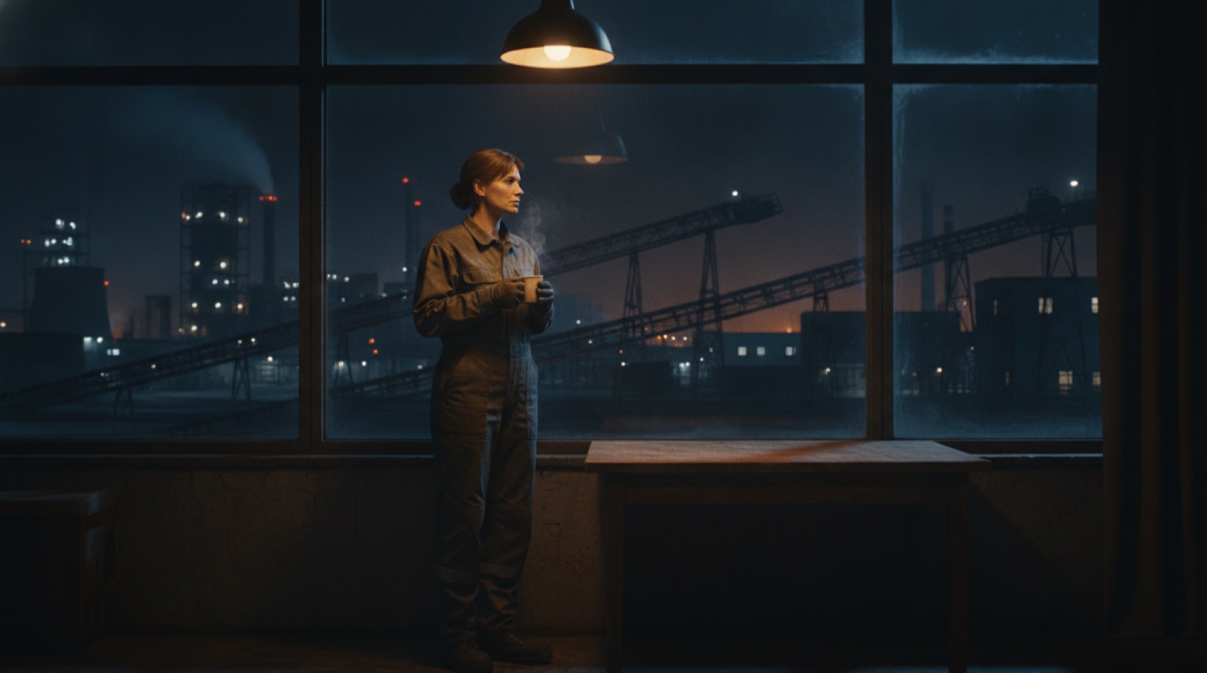 A worker rubbing their eyes under fluorescent light during a night shift, a wall clock reading past 3 a.m. behind them