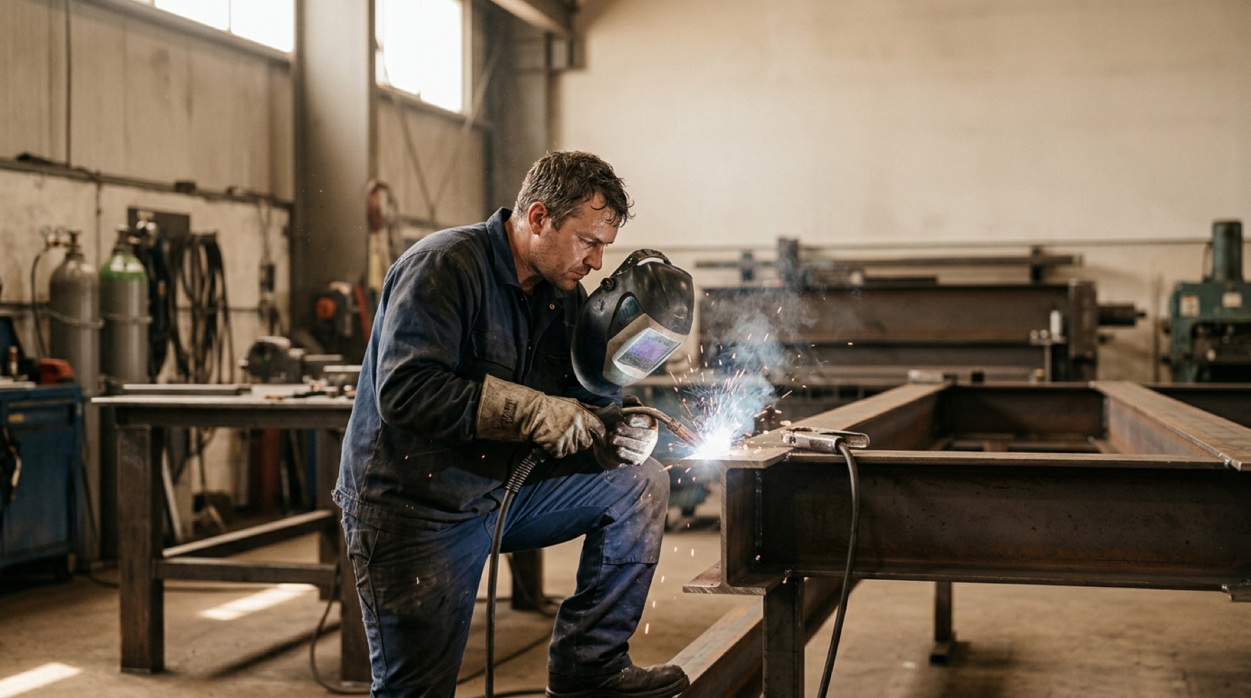 Welder in flame-resistant clothing and gloves working with sparks