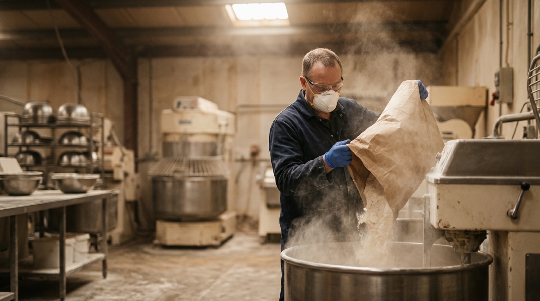 Airborne flour dust rising from an open ingredient dump station at a commercial bakery mixing line