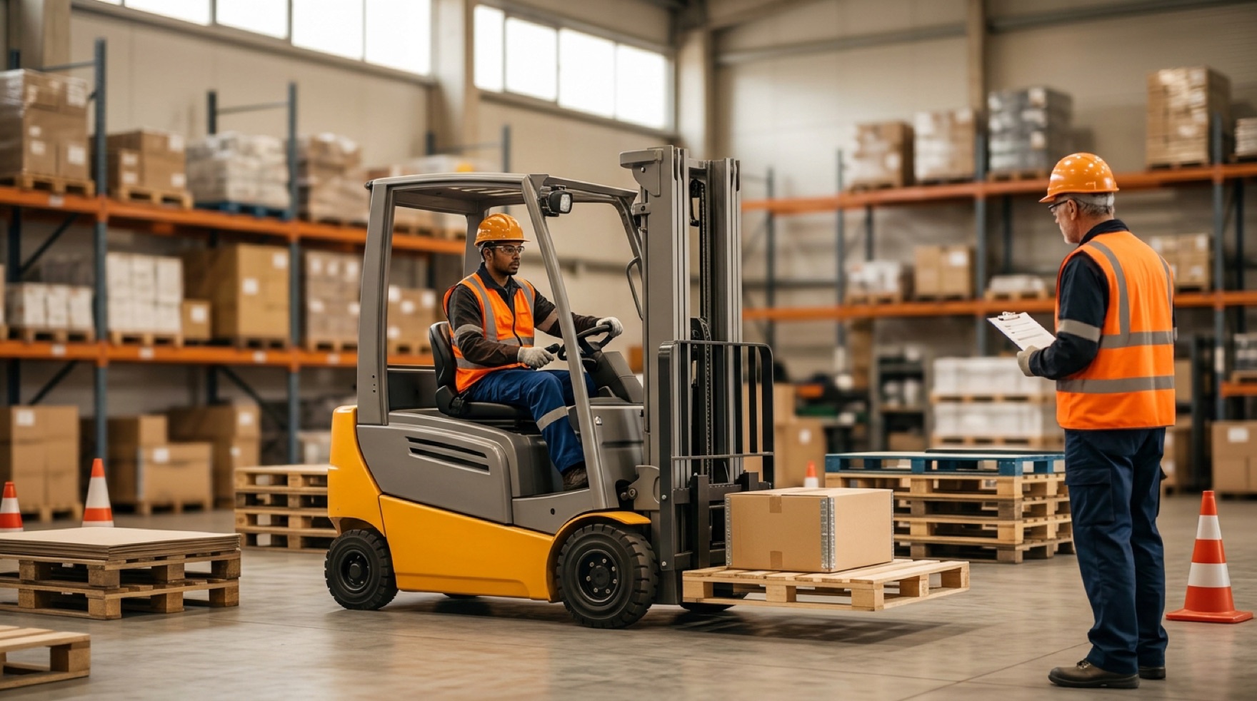Instructor evaluating a seated forklift operator during a hands-on workplace assessment in a warehouse