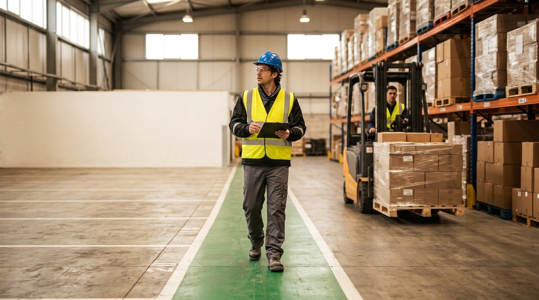 Marked pedestrian walkway separated from a forklift travel aisle by guardrails in a warehouse