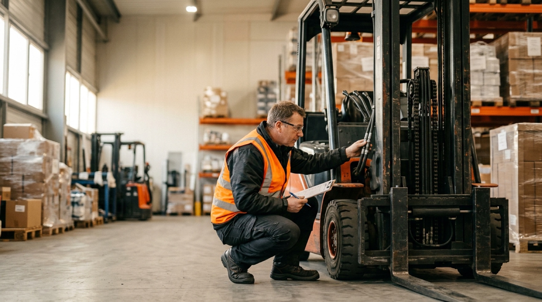 Operator completing a pre-shift forklift inspection checklist next to a counterbalance truck