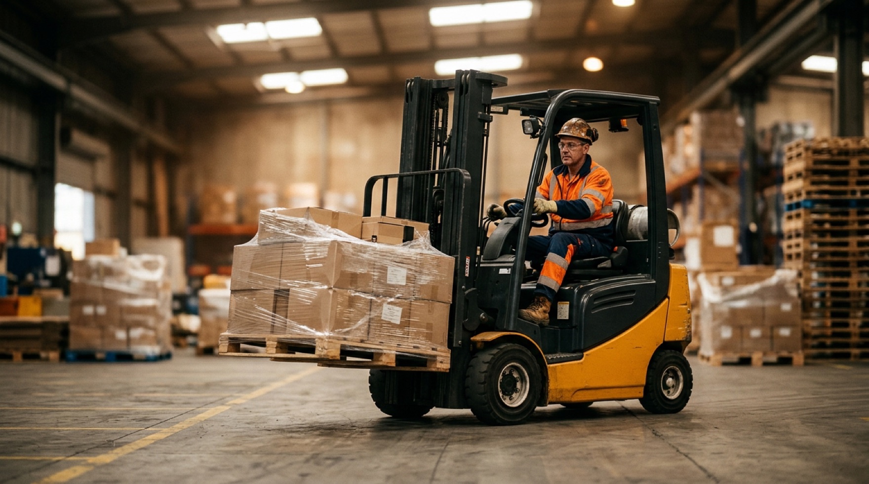 Diagram-style view of a counterbalance forklift showing the stability triangle between the front wheels and rear axle pivot