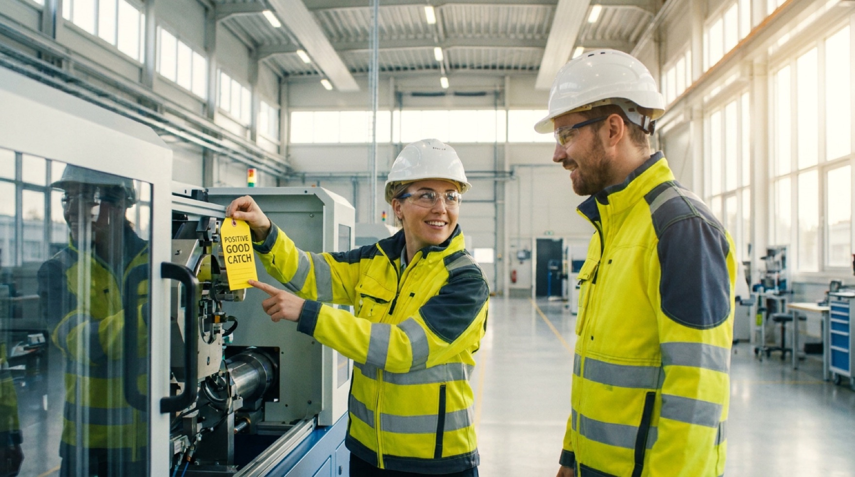 A warehouse worker pointing out and tagging a leaning pallet rack before it becomes a hazard, while a forklift waits in the aisle