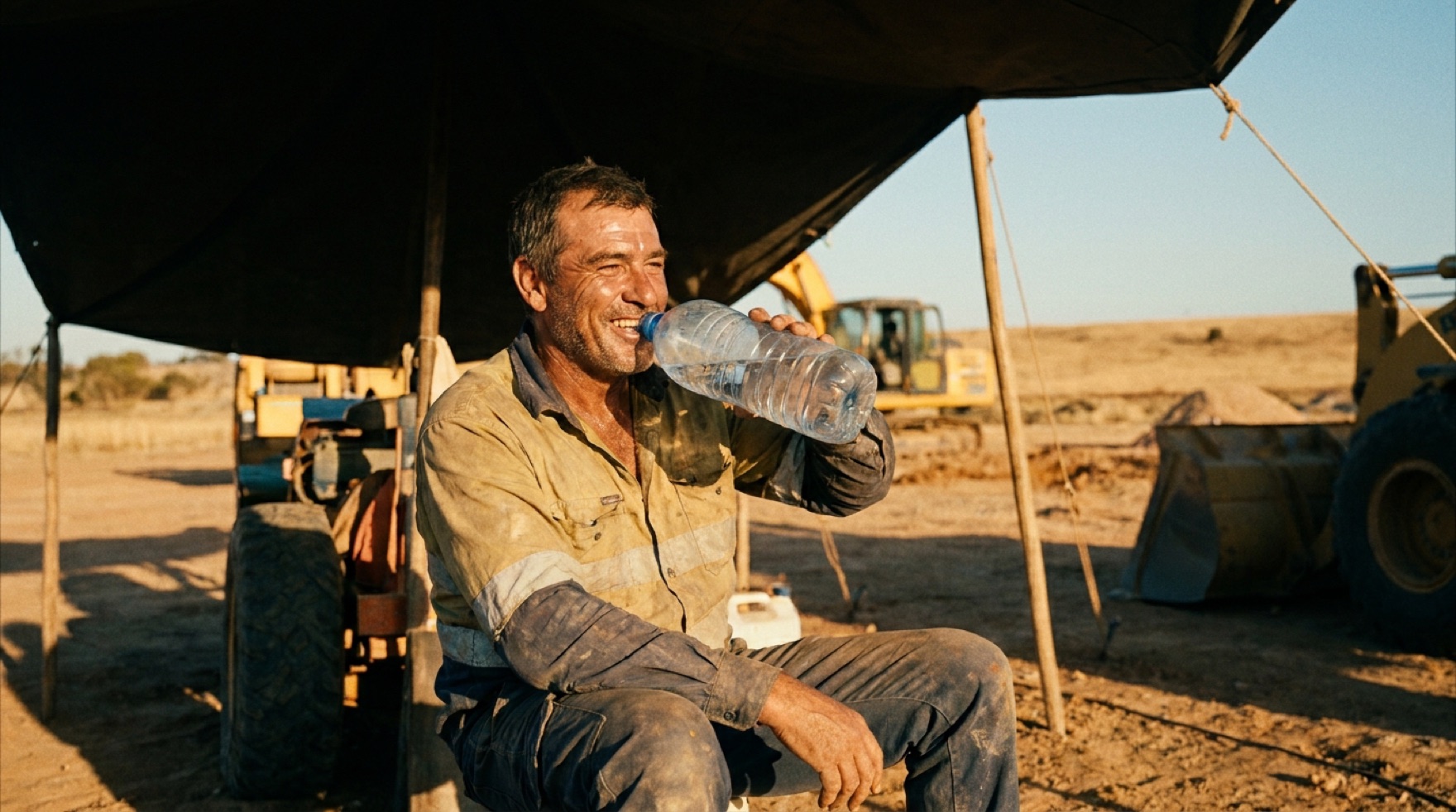 Warehouse worker taking a cool-down break with water near a fan and shaded rest area during a summer heat index warning