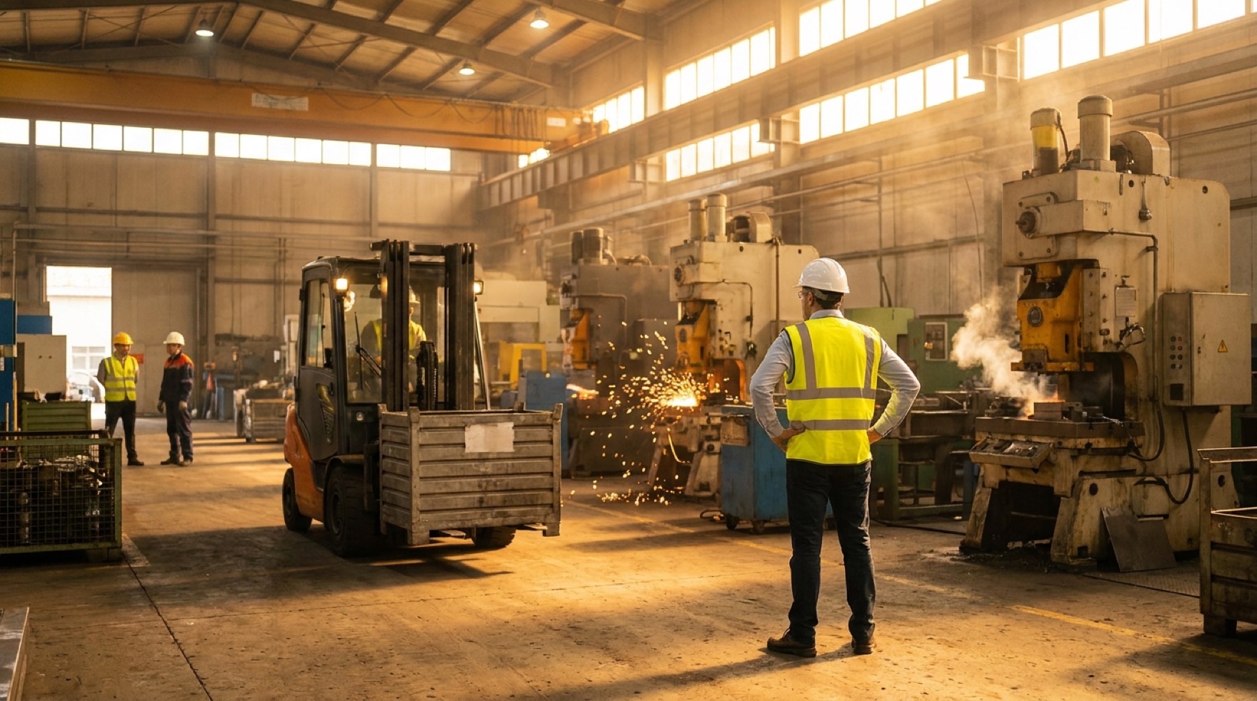 A safety leader reviewing a jobsite where high-energy hazards like an overhead load and an energized panel are marked for direct controls