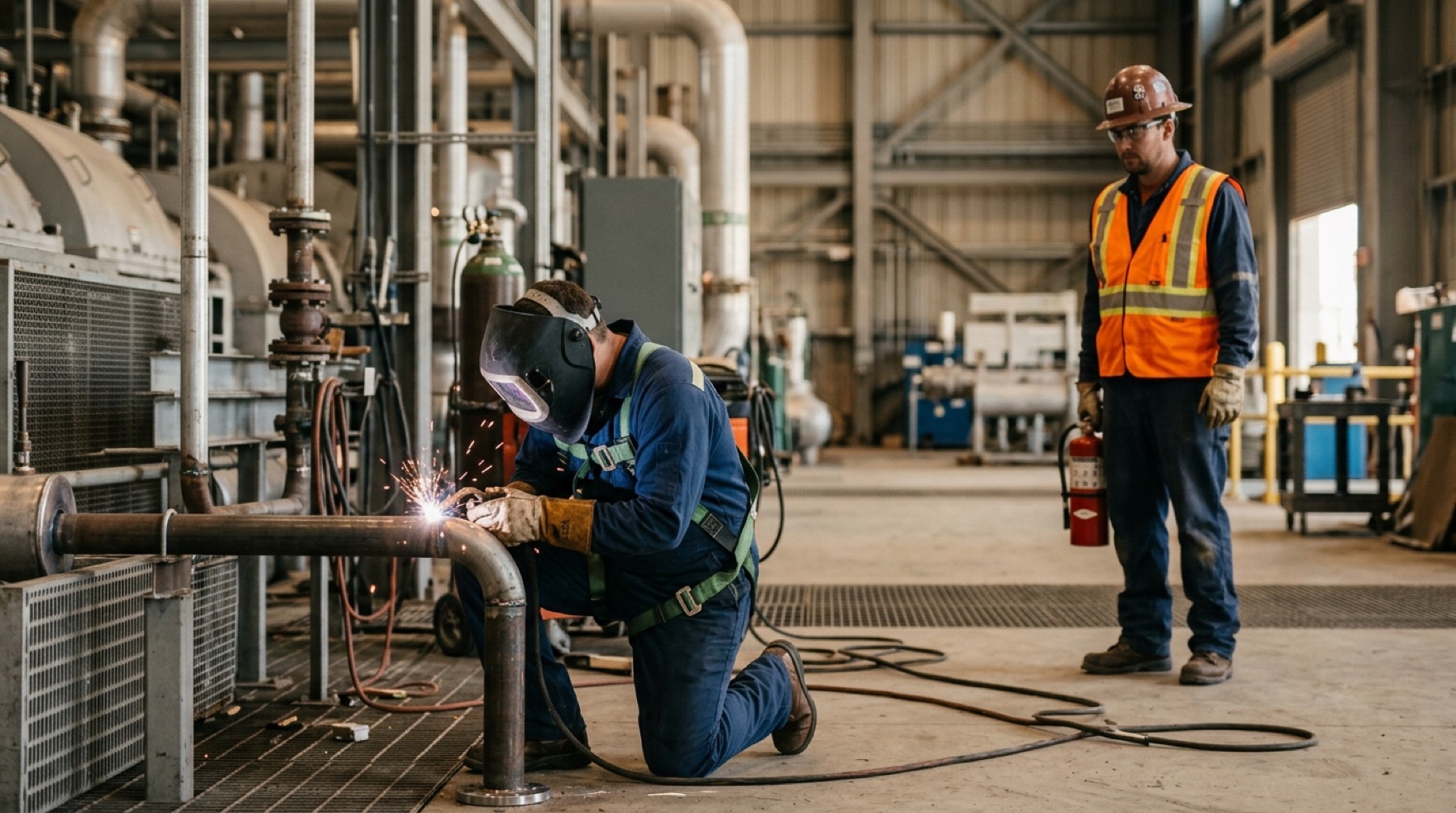 Welder performing hot work with a fire watch and extinguisher nearby