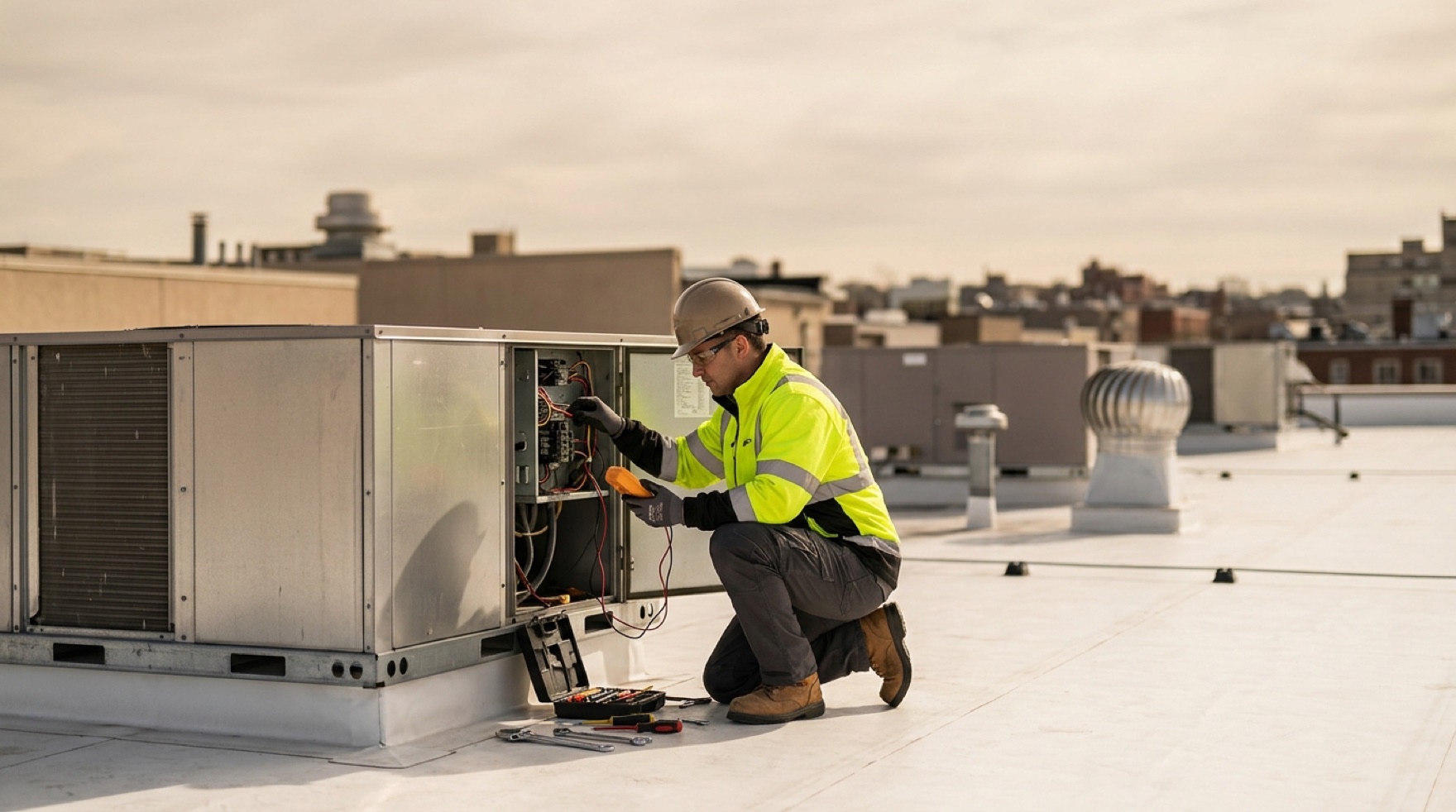HVAC technician in a fall-arrest harness working at a rooftop unit near a guarded skylight on a low-slope roof