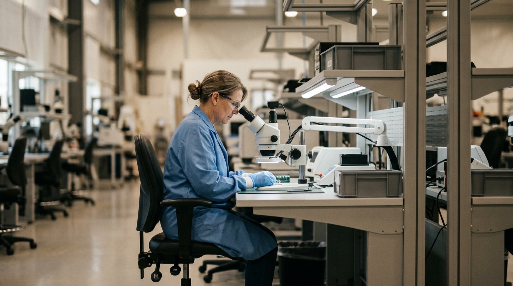 Quality inspector seated at a bench using a stereo microscope with a task light over a surface plate