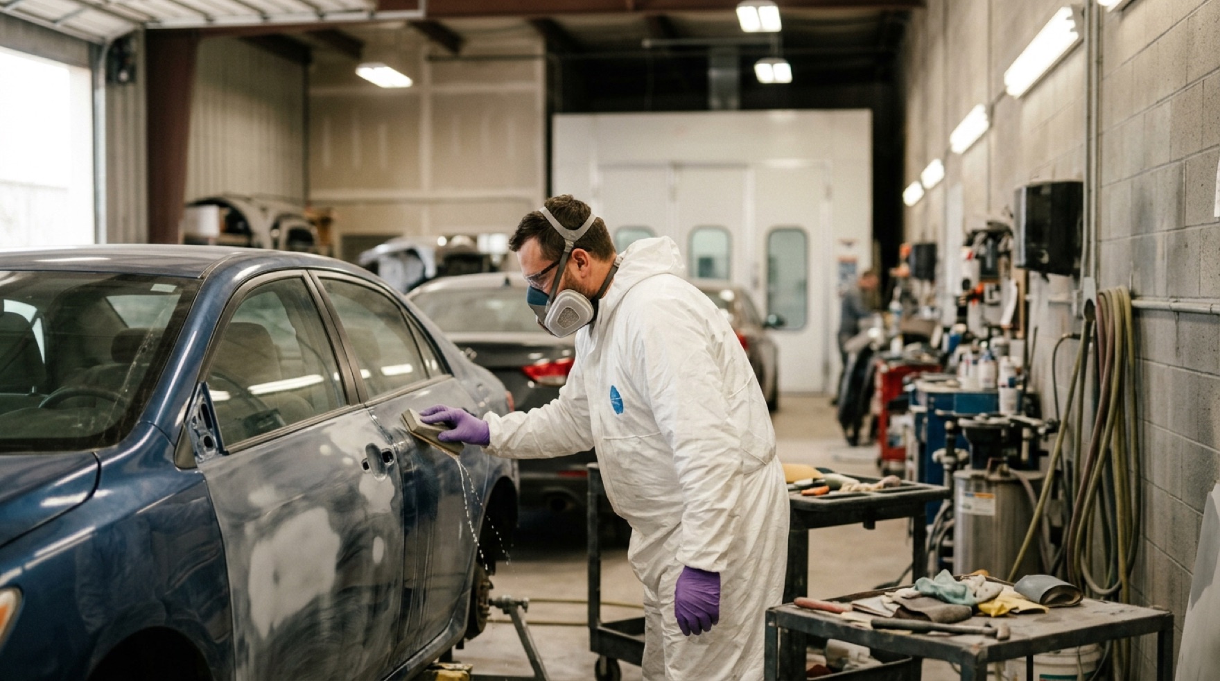 Auto-body painter in a supplied-air respirator hood spraying clearcoat inside a downdraft spray booth