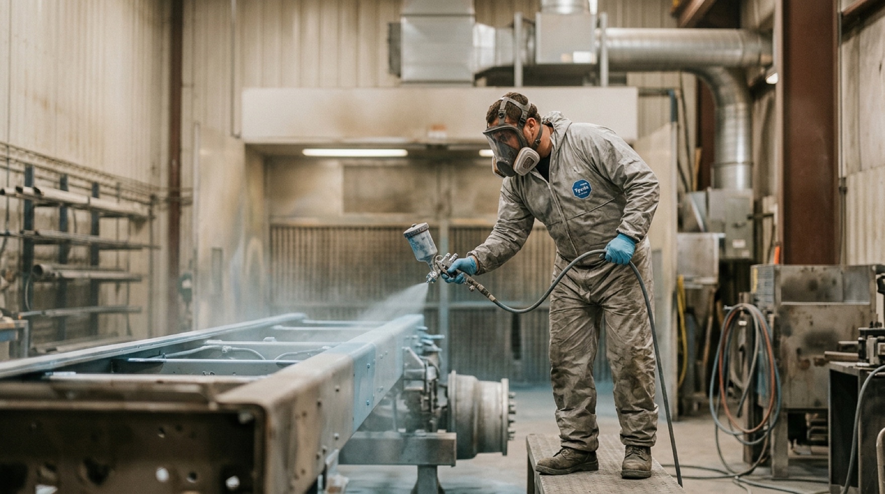 Painter in a supplied-air respirator and coveralls spraying two-component coating inside a ventilated spray booth