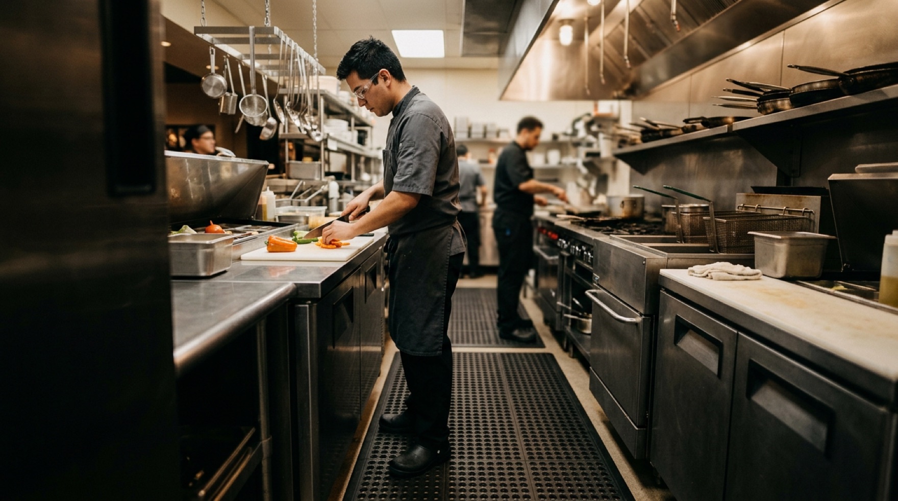 Grease-resistant drainage mat with grit top and beveled edge on a commercial kitchen floor at a dish pit