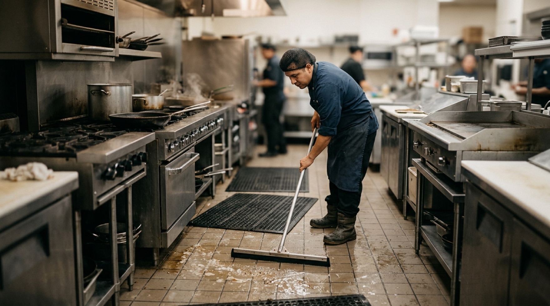 Cook standing on a grease-resistant drainage mat beside a fry station on a wet commercial kitchen floor