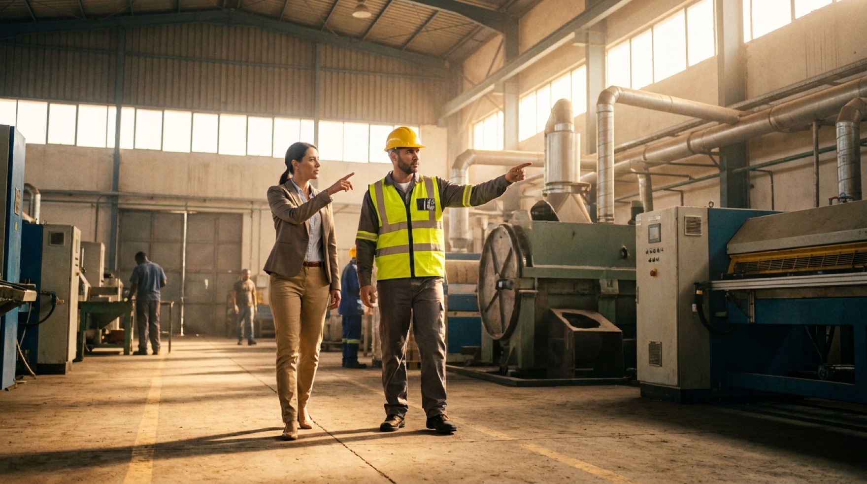 A plant manager listening to a machine operator on the production floor during a routine safety walk