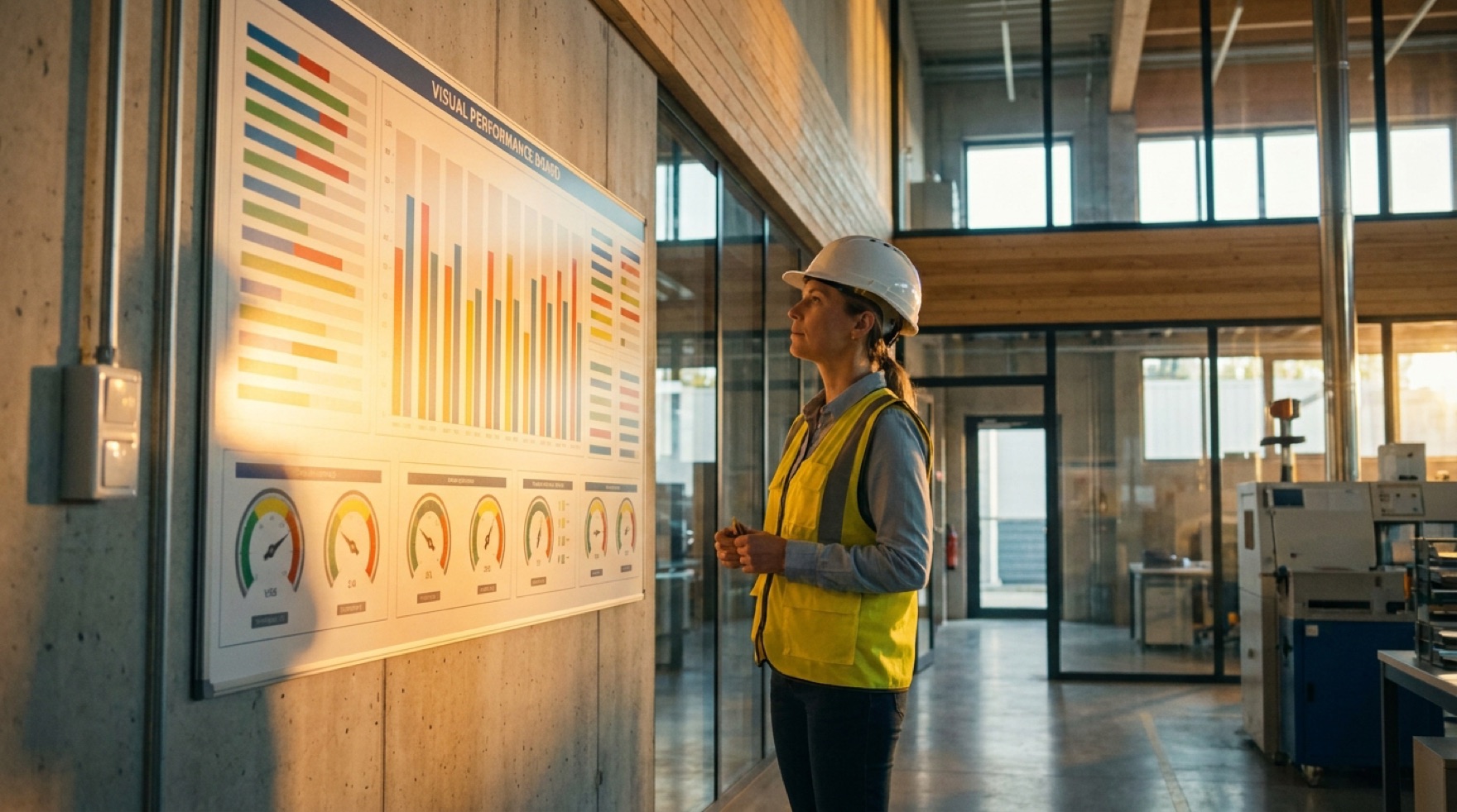 A safety director reviewing a dashboard that pairs a falling injury-rate trend line with leading indicators such as near-miss reports and corrective-action closure time