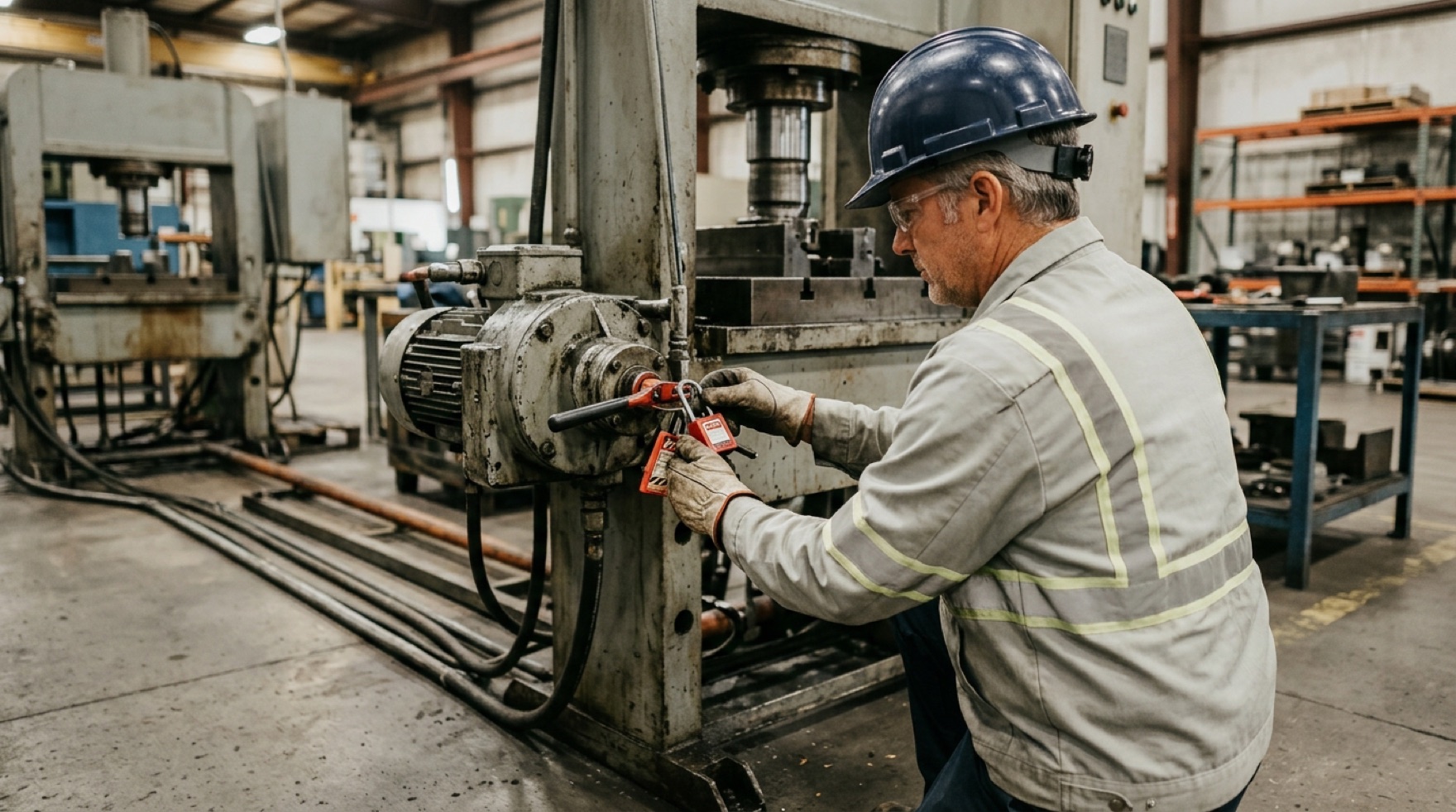 Operator applying a red lockout padlock and tag to the electrical disconnect of a stopped production machine