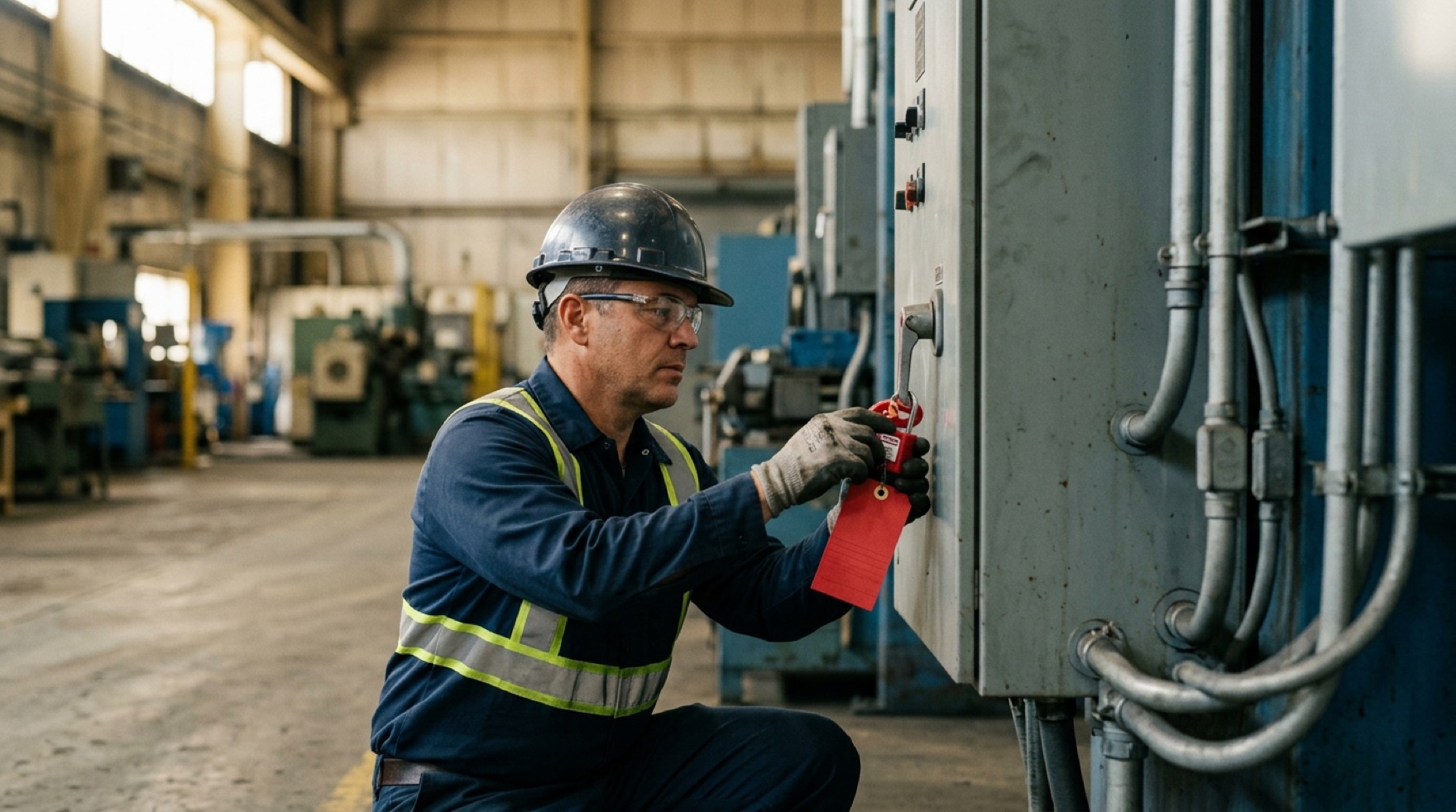 Maintenance technician applying a personal padlock and tag to a locked-out electrical disconnect in a mechanical room