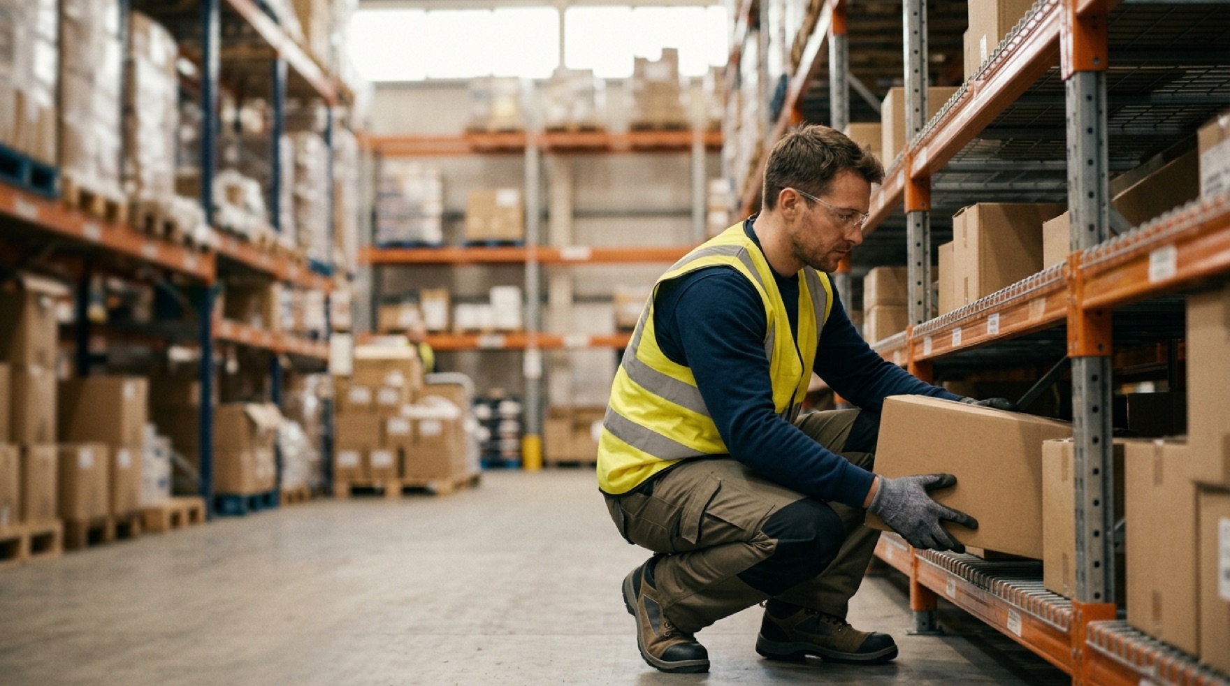 Warehouse worker measuring the reach and height of a case lift to apply the NIOSH Lifting Equation