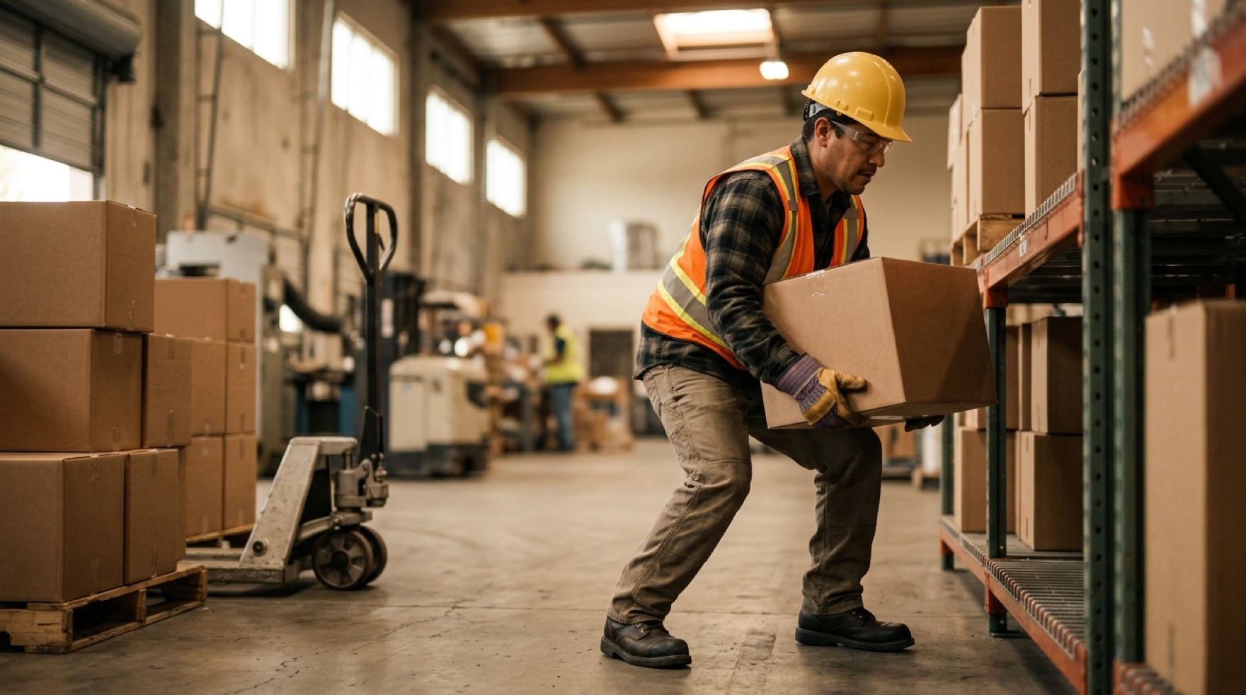 Warehouse worker lifting a carton from a low pallet, illustrating horizontal reach and vertical lift distance