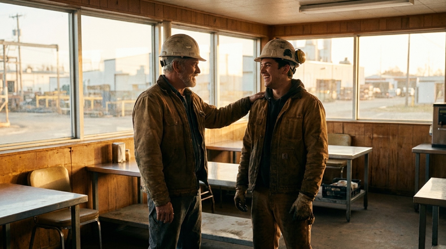 Two workers in high-visibility vests talking quietly together on a factory floor during a break