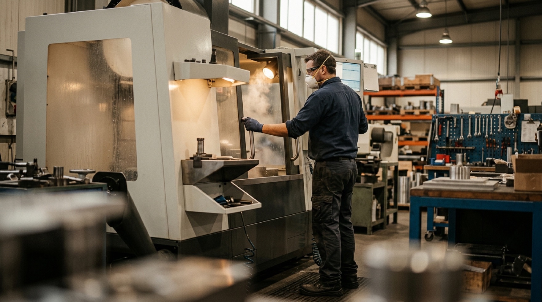 Coolant mist rising from the work zone of an enclosed CNC machining center with a mist collector duct