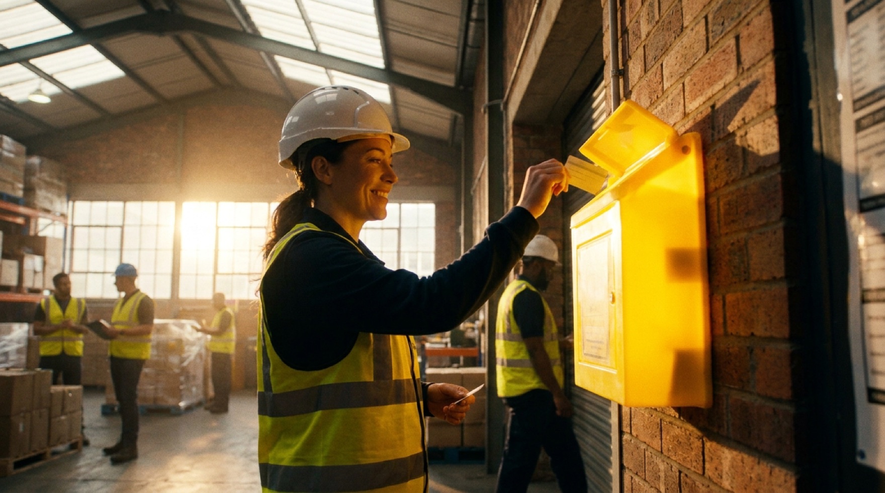 A warehouse worker filling out a good-catch card at a reporting station near a forklift aisle
