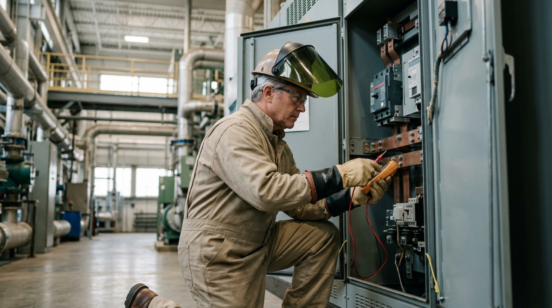 Electrician reviewing an electrical safety program document beside a labeled industrial power panel