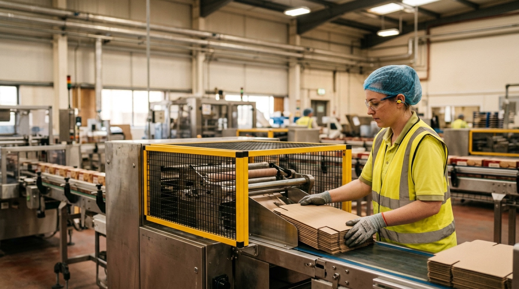 Interlocked guard and infeed of an automated packaging line where an operator loads and clears containers